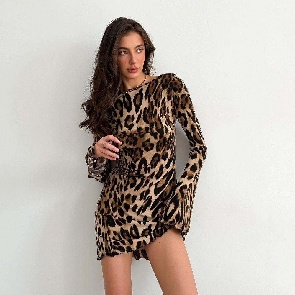 ZARA Leopard Print Round Neck Long Bell Sleeve Mini Dress Fall Winter Street